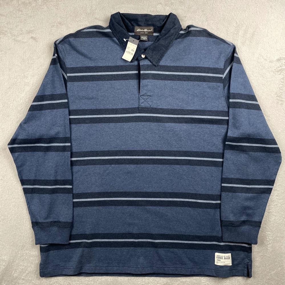 New Eddie Bauer Rugby Shirt Mens 2XL Blue Striped Long Sleeve Polo Preppy NWT